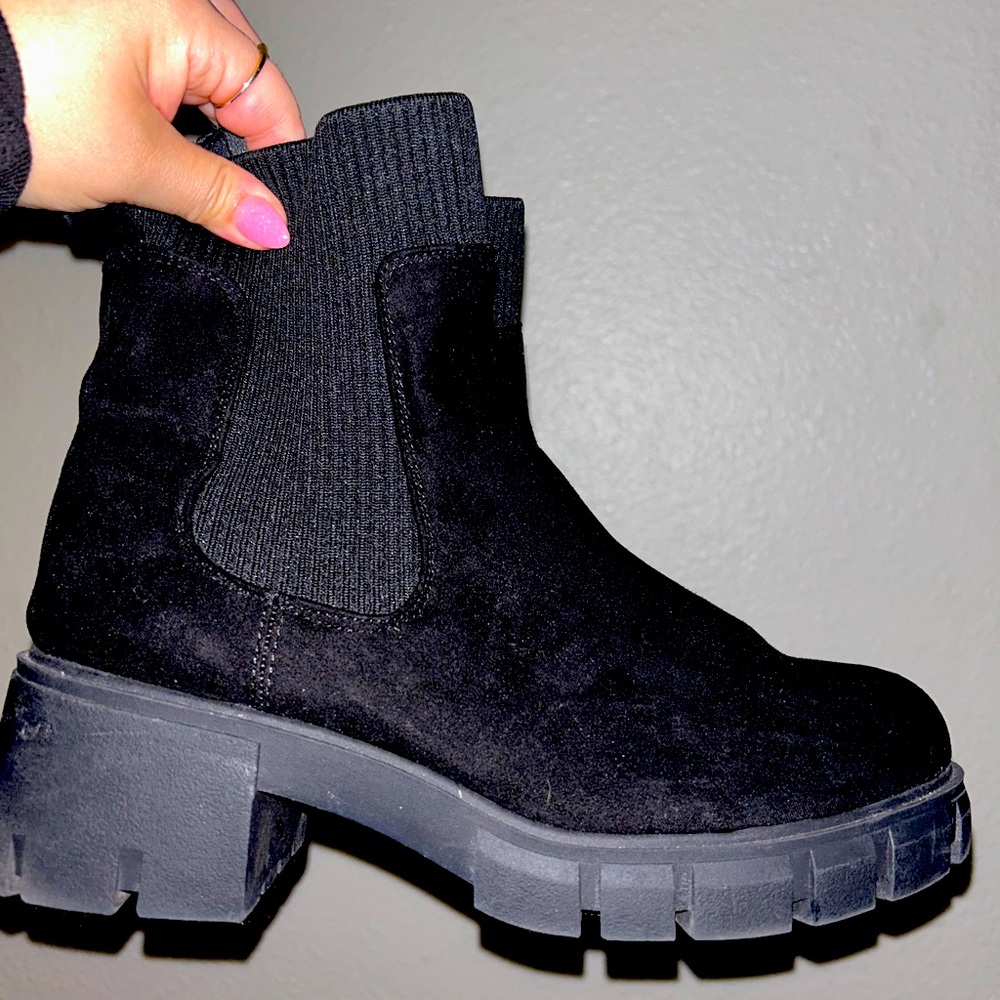 Black faux suede boots with stretch ankle